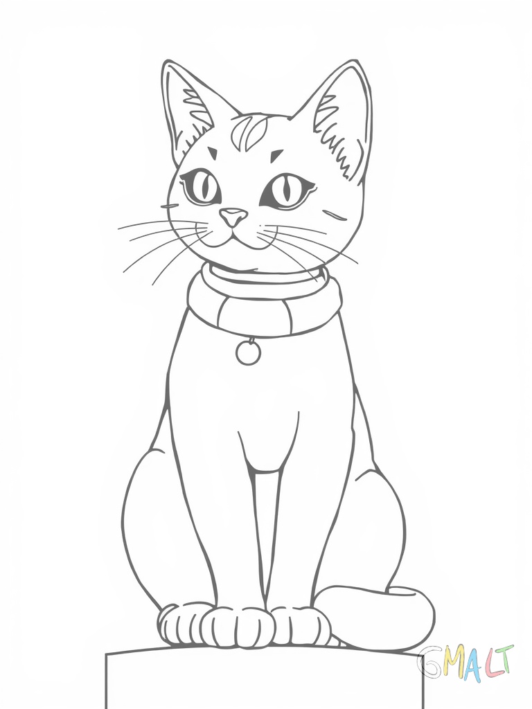 Eine Katze sitzt aufrecht wie eine Statue mit geschmücktem Halsband. Ihre Ohren sind spitz und der Schwanz ist eingerollt.