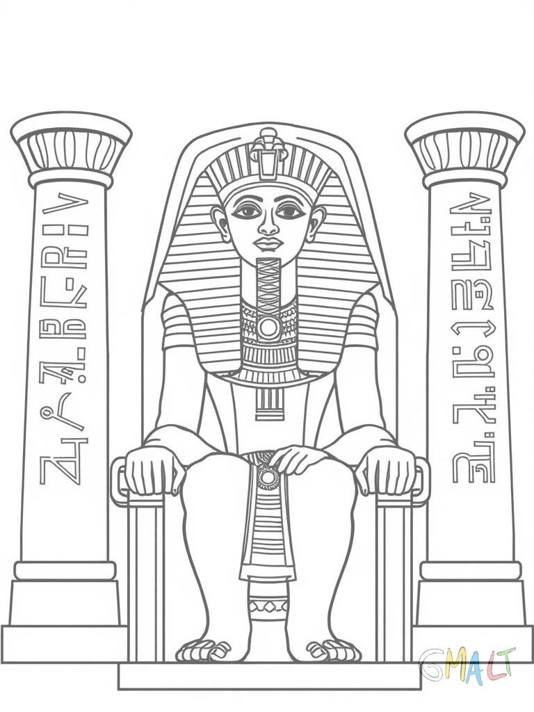 Ein ägyptischer Pharao mit Kopfschmuck und Herrscherstab sitzt auf einem verzierten Thron. Zu beiden Seiten stehen hohe Säulen mit Hieroglyphen.