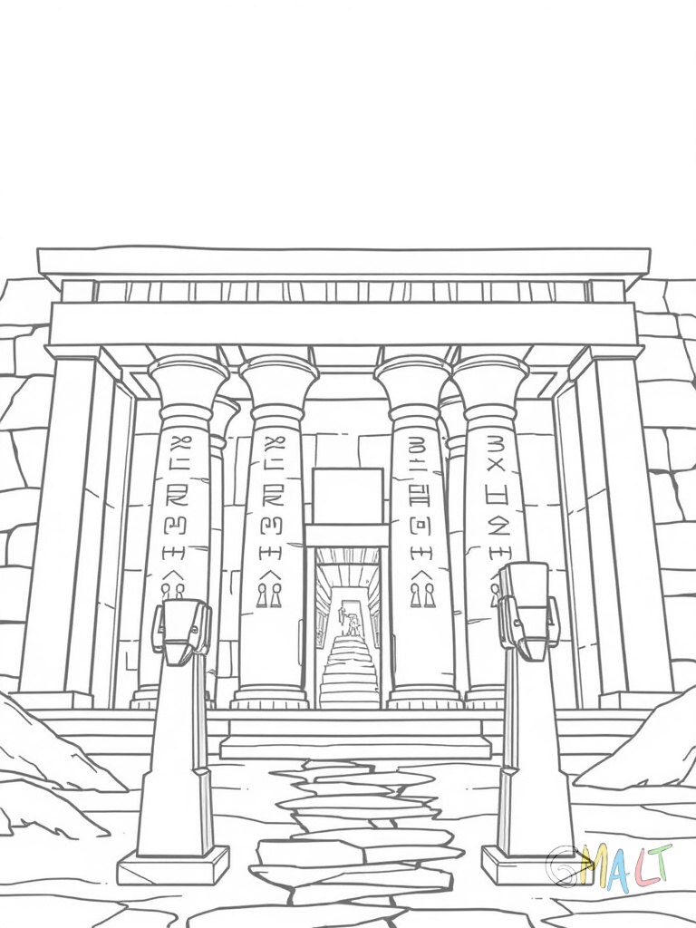 Ein Tempel mit sechs mächtigen Säulen im Eingangsbereich. Auf den Säulen sind Hieroglyphen eingemeißelt. Zwei Obelisken stehen davor.