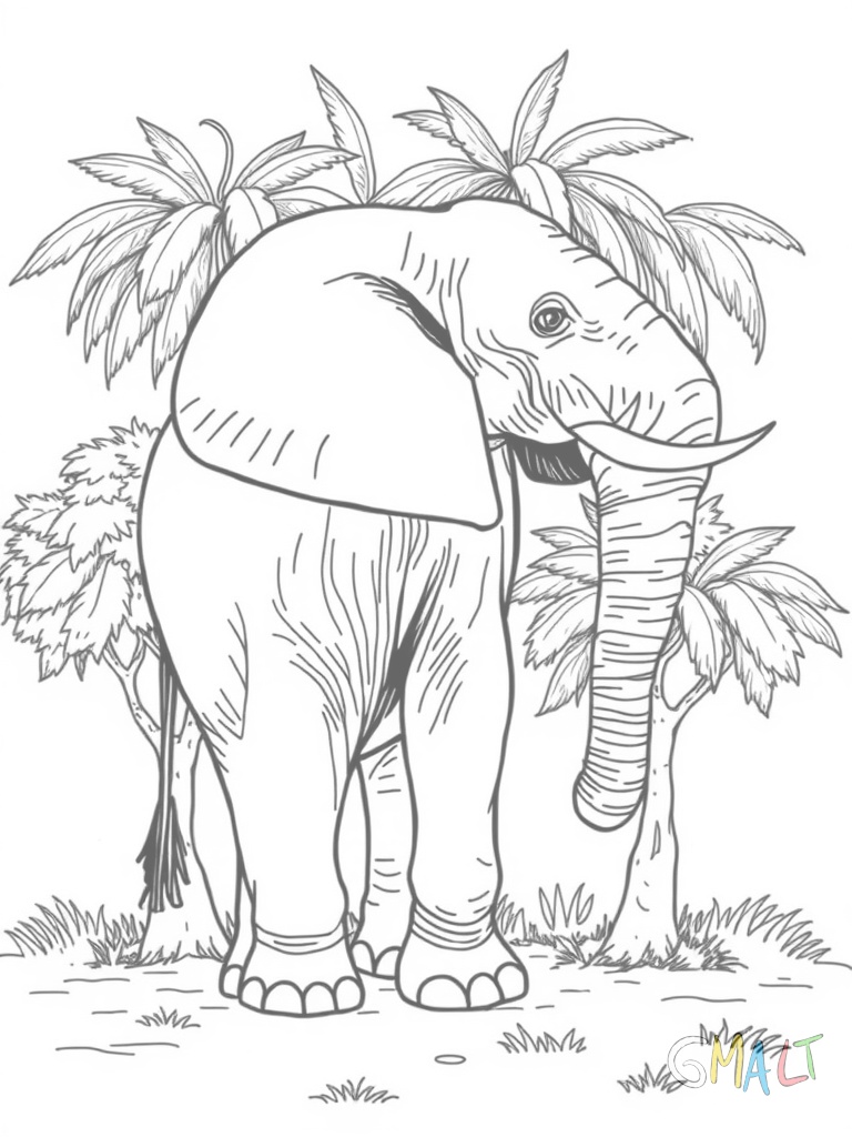 Ein Elefant steht aufrecht im Profil nach rechts blickend. Sein Rüssel ist nach oben gestreckt. Hinter ihm stehen drei Akazienbäume mit typisch breiten flachen Kronen auf der Savanne.