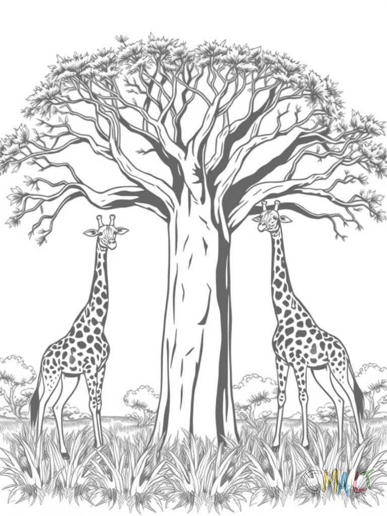 Zwei Giraffen strecken ihre langen Hälse zu den Blättern eines großen Baobab-Baums. Der Baum steht zentral mit seinem charakteristisch dicken Stamm. Am Boden wächst hohes Savannengras.