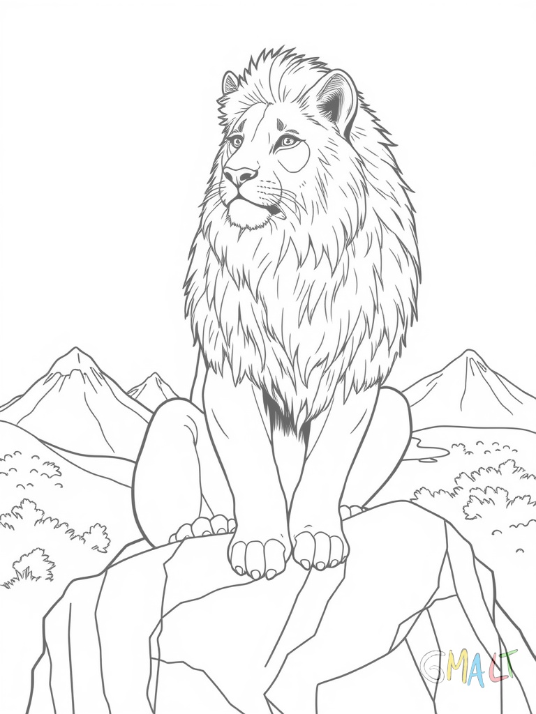 Ein majestätischer Löwe sitzt auf einem erhöhten Felsen und blickt über die Savanne. Seine Mähne ist deutlich zu erkennen. Im Hintergrund sind drei kleinere Hügel zu sehen.
