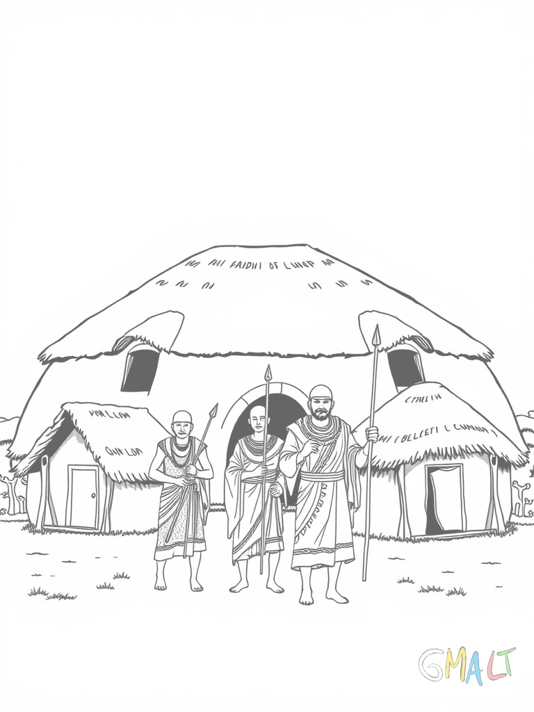 Ein traditionelles rundes Massai-Dorf mit vier Lehmhütten im Kreis angeordnet. Zwei Massai-Krieger mit traditionellen Speeren und Schilden stehen im Vordergrund.