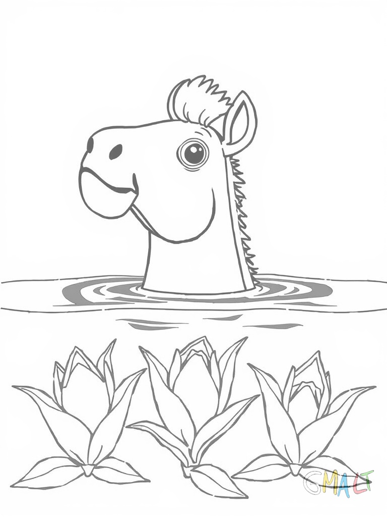 Ein Nilpferd taucht zur Hälfte aus einem Fluss auf. Sein Kopf ist nach oben gerichtet mit offenem Maul. Am Ufer stehen drei Papyruspflanzen mit ihren charakteristischen Wedeln.
