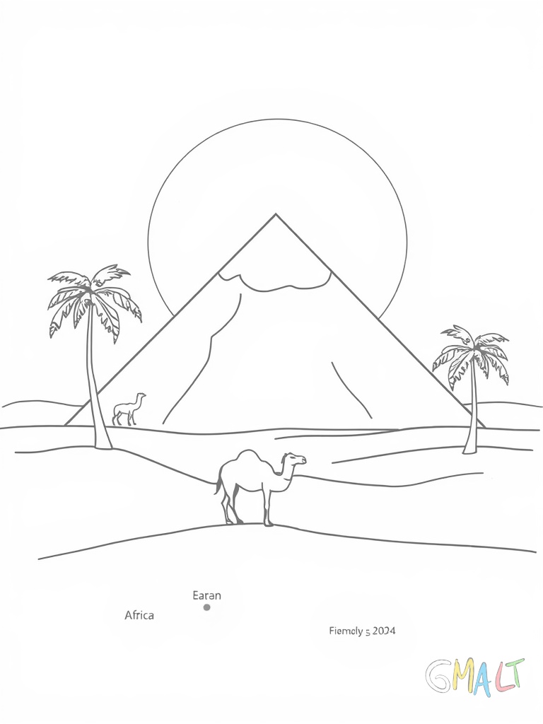 Eine große Pyramide im Zentrum mit zwei kleinen Palmen links und rechts. Davor läuft ein Kamel von links nach rechts. Am Horizont geht die Sonne unter und zeichnet sich als großer Halbkreis ab.