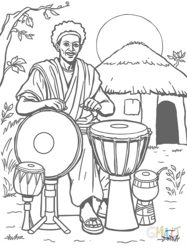 Ein afrikanischer Trommler sitzt im Schneidersitz und spielt eine große Djembe-Trommel. Neben ihm stehen zwei kleinere traditionelle Trommeln. Im Hintergrund eine einfache Rundhütte.