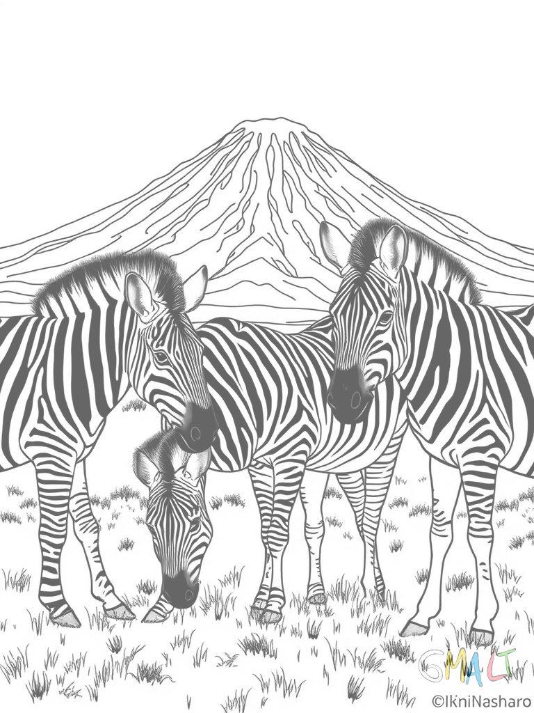 Drei Zebras grasen nebeneinander auf einer Ebene. Ihre Streifenmuster sind deutlich zu erkennen. Im Hintergrund steht der Kilimandscharo als großer Berg mit schneebedeckter Spitze.