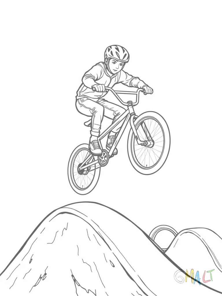 Ein junger BMX-Fahrer springt mit seinem Rad über eine Rampe. Er hat beide Füße fest auf den Pedalen und hält den Lenker gerade. Im Hintergrund sind weitere Rampen zu sehen.