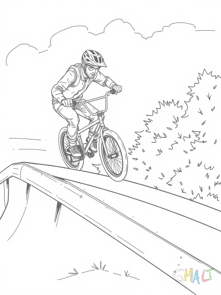 Ein BMX-Fahrer gleitet seitlich auf einer Rails-Stange entlang (Grind). Das Rad ist leicht schräg und der Fahrer hat die Arme zur Balance ausgestreckt. Die Stange ist etwa kniehoch.