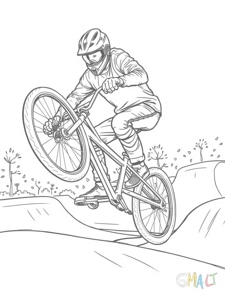 Ein BMX-Fahrer mit Schutzhelm führt einen Tailwhip aus. Das Rad dreht sich unter ihm während er in der Luft schwebt. Die Szene spielt in einem Skatepark mit mehreren Hindernissen.
