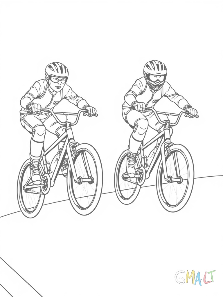 Zwei BMX-Fahrer fahren nebeneinander auf einer breiten Rampe. Der linke Fahrer ist etwas weiter vorne. Beide tragen Schutzausrüstung und haben die Knie leicht gebeugt.
