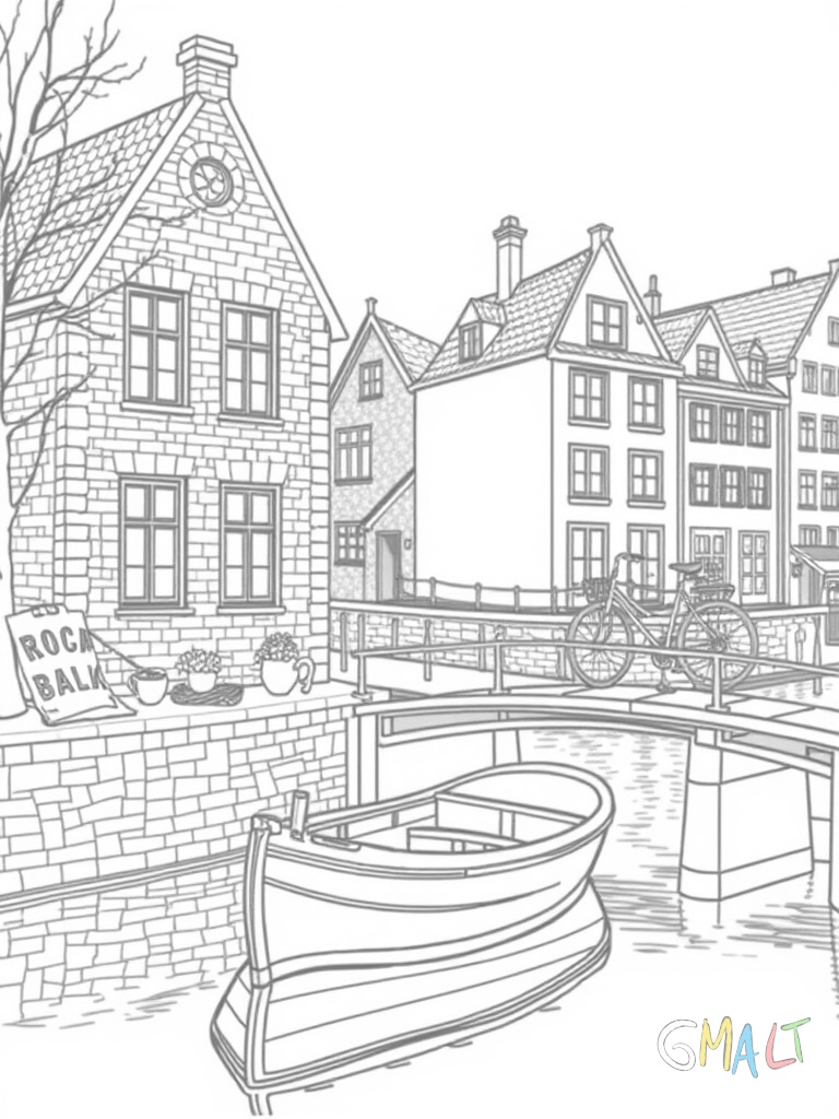 Ein traditioneller Amsterdamer Kanal mit zwei typischen schmalen Backsteinhäusern. Davor liegt ein kleines Boot am Steg. Auf einer kleinen Brücke steht ein Fahrrad. Im Hintergrund sind weitere Giebelhäuser zu sehen.