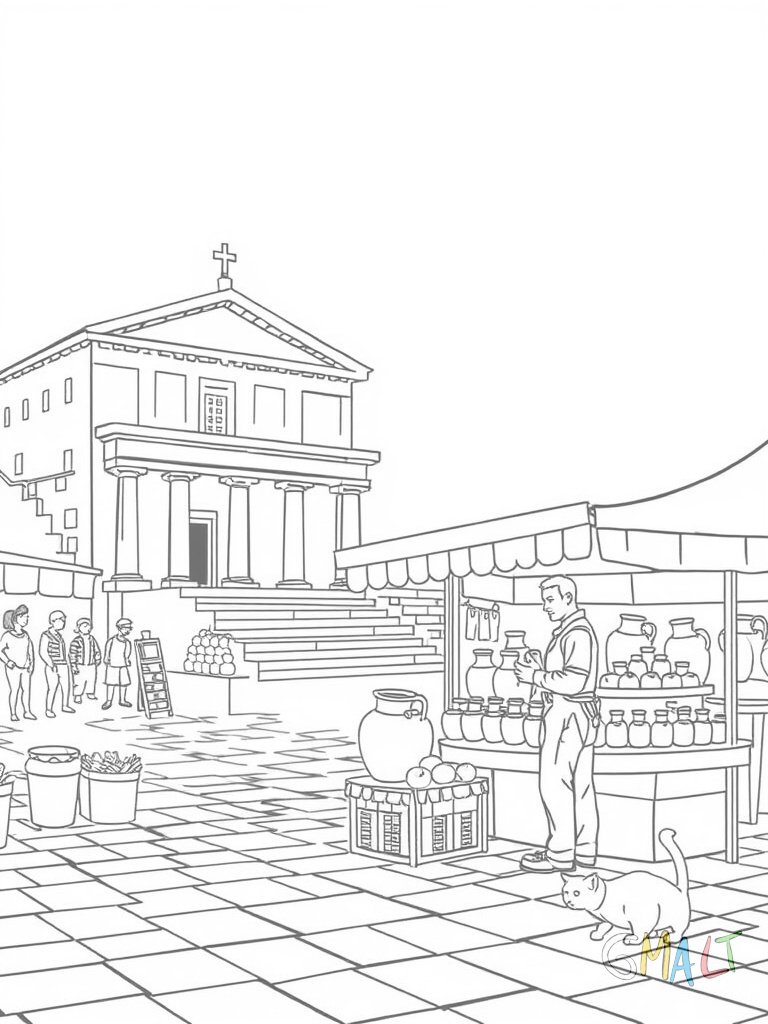 Auf einem griechischen Marktplatz steht ein weißer Tempel mit Säulen. Davor verkauft ein Händler an seinem Stand Oliven und Amphoren. Eine Katze sonnt sich auf einer niedrigen Mauer.
