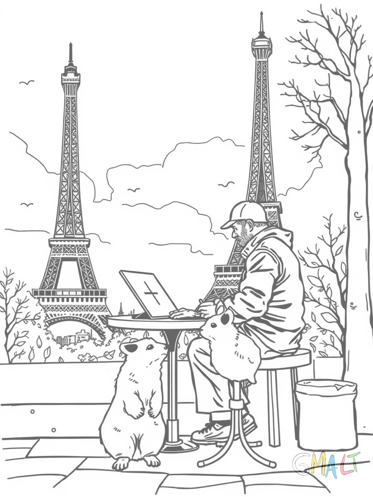 Vor dem Eiffelturm in Paris sitzt ein Straßenmaler an seiner Staffelei. Neben ihm steht ein kleiner runder Tisch mit Pinseln. Zwei Tauben picken Brotkrümel vom Boden auf.