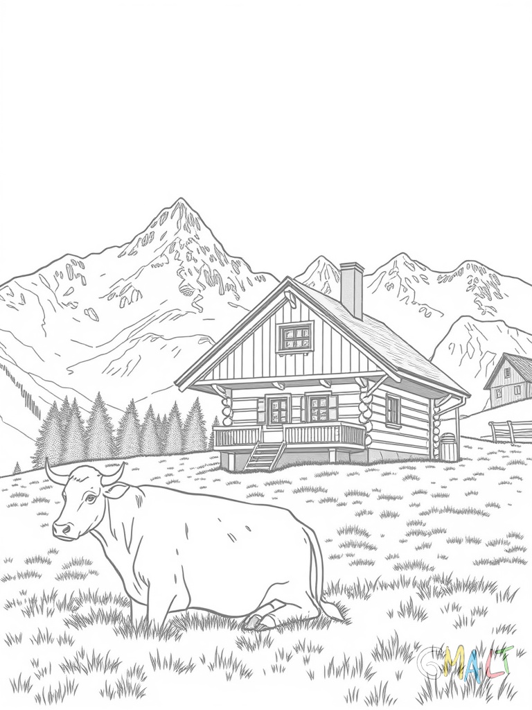 Auf einer grünen Wiese in den Schweizer Alpen steht ein traditionelles Holzchalet. Daneben grast eine Kuh mit Glocke um den Hals. Im Hintergrund erheben sich schneebedeckte Berggipfel.