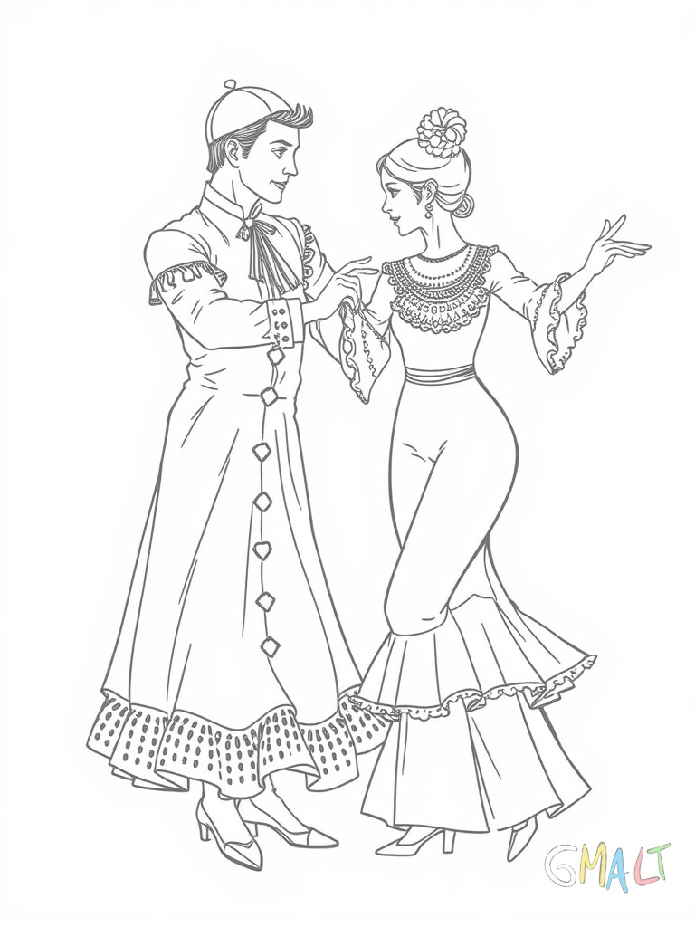 Ein spanischer Flamenco-Tänzer und eine Tänzerin stehen sich gegenüber. Sie trägt ein weites Kleid mit Rüschen er eine enge Hose und Weste. Ihre Arme sind ausgebreitet in einer typischen Tanzhaltung.