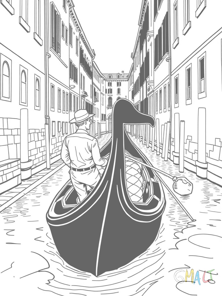 Ein venezianischer Gondoliere steuert seine schwarze Gondel durch einen schmalen Kanal. Er trägt ein gestreiftes Shirt und einen Strohhut. Zu beiden Seiten des Kanals stehen alte Palazzi.