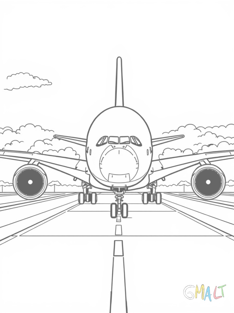Ein Airbus A380 rollt auf dem Rollfeld zum Start. Die riesigen Tragflächen erstrecken sich majestätisch zur Seite. Im Vordergrund sind die markanten Fahrwerke zu sehen. Das Flugzeug wird von vorne leicht seitlich dargestellt.