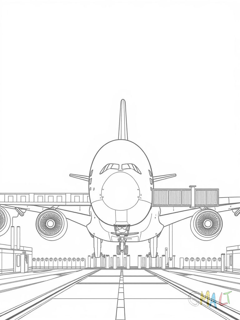 Der A380 steht am Gate des Flughafens. Eine Fluggastbrücke ist an der vorderen Tür angedockt. Das Höhenleitwerk mit dem Firmenlogo ragt hoch in den Himmel. Die Perspektive ist leicht schräg von hinten.