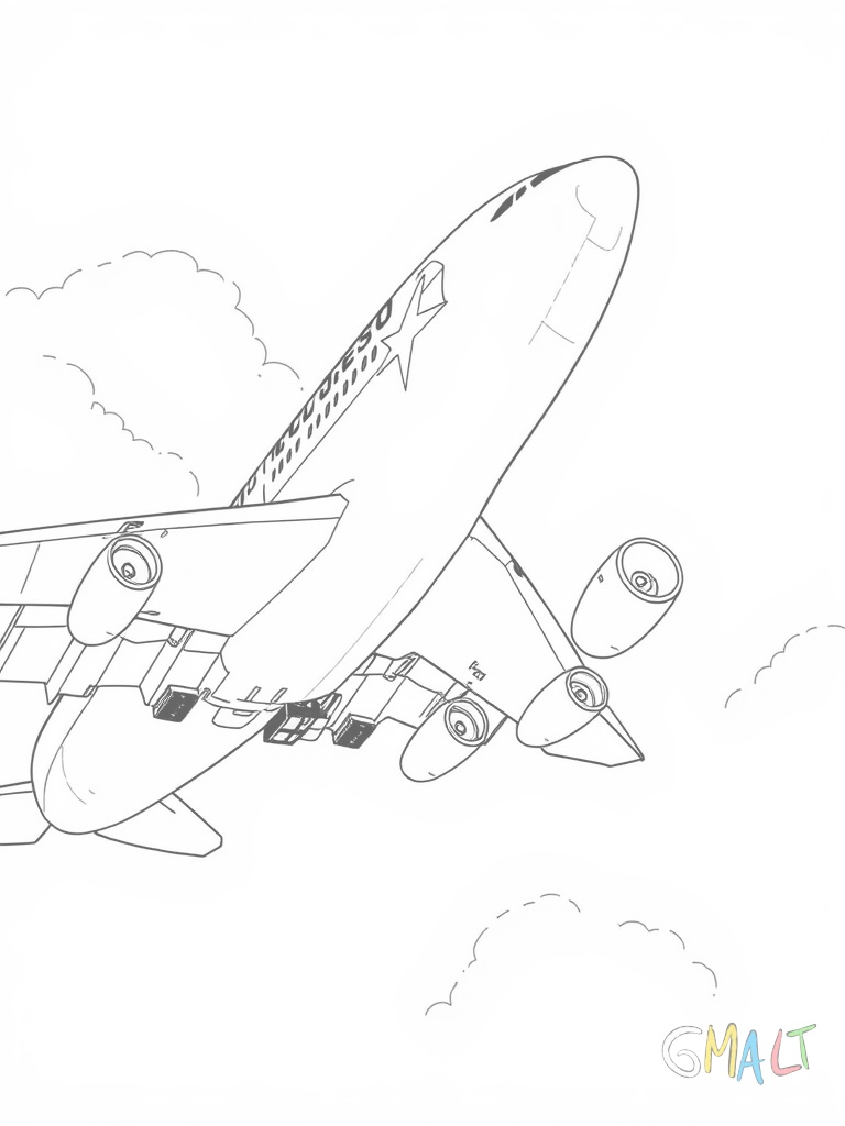 Der gigantische A380 schwebt elegant über den Wolken. Die charakteristische Doppeldeckerkonstruktion ist deutlich erkennbar. Die vier großen Triebwerke sind unter den Tragflächen montiert. Das Flugzeug wird von der Seite dargestellt.