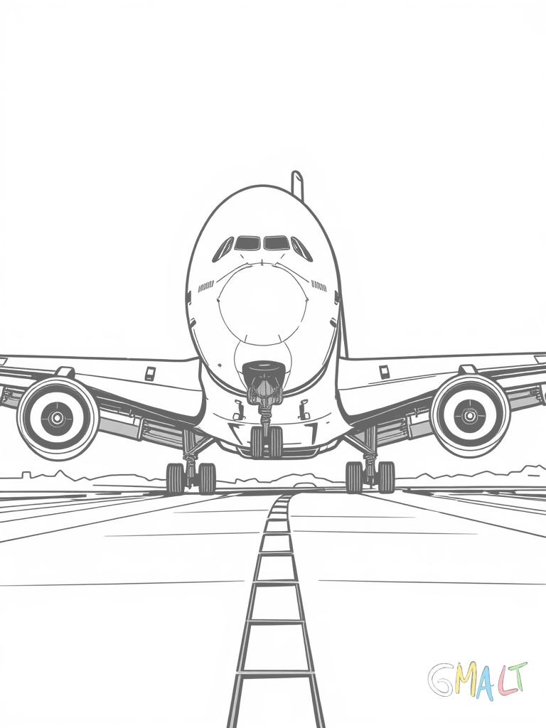 Der A380 landet gerade auf der Landebahn. Das Fahrwerk ist ausgefahren und die Landeklappen sind ausgefahren. Kleine Wirbelschleppen sind an den Flügelspitzen zu sehen. Die Perspektive ist seitlich leicht erhöht.