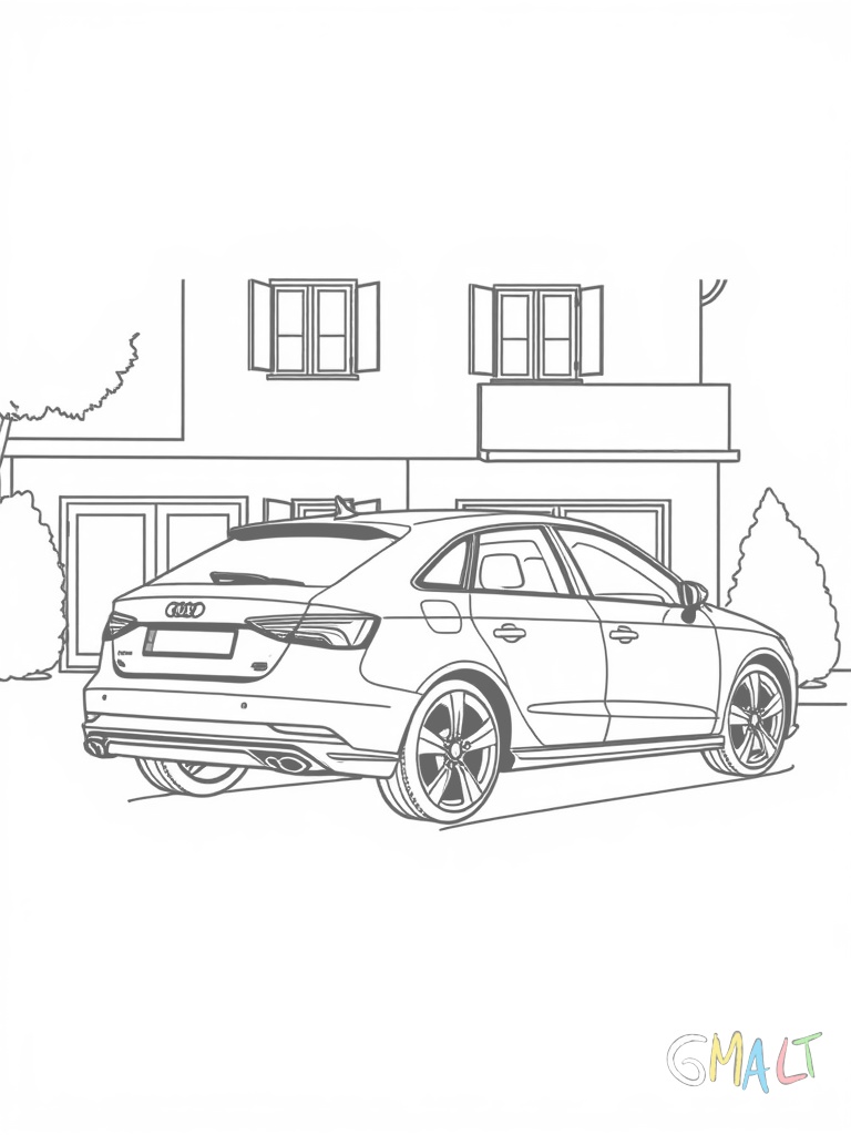 Ein Audi A3 Sportback parkt vor einem Einfamilienhaus. Die fünf Türen sind geschlossen. Das Tagfahrlicht ist eingeschaltet. Die aerodynamische Silhouette ist von der Seite zu sehen.