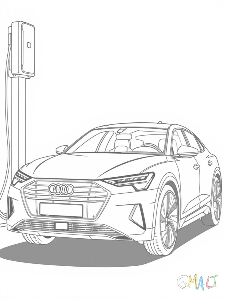 Ein Audi e-tron GT steht an einer Ladesäule. Das Ladekabel ist eingesteckt. Die futuristische Front mit dem geschlossenen Grill und die geschwungene Dachlinie sind charakteristisch.