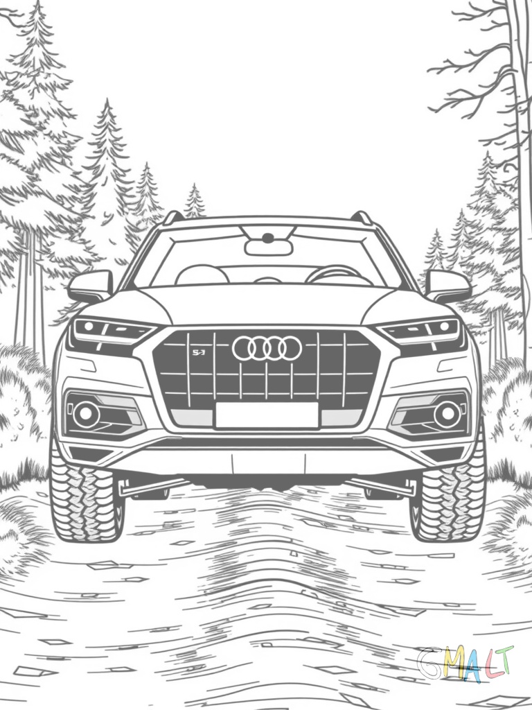 Ein Audi Q7 SUV steht auf einem Waldweg. Die großen Räder und der erhöhte Body sind gut erkennbar. Die charakteristische Frontpartie mit dem Singleframe-Grill ist dominant im Bild.