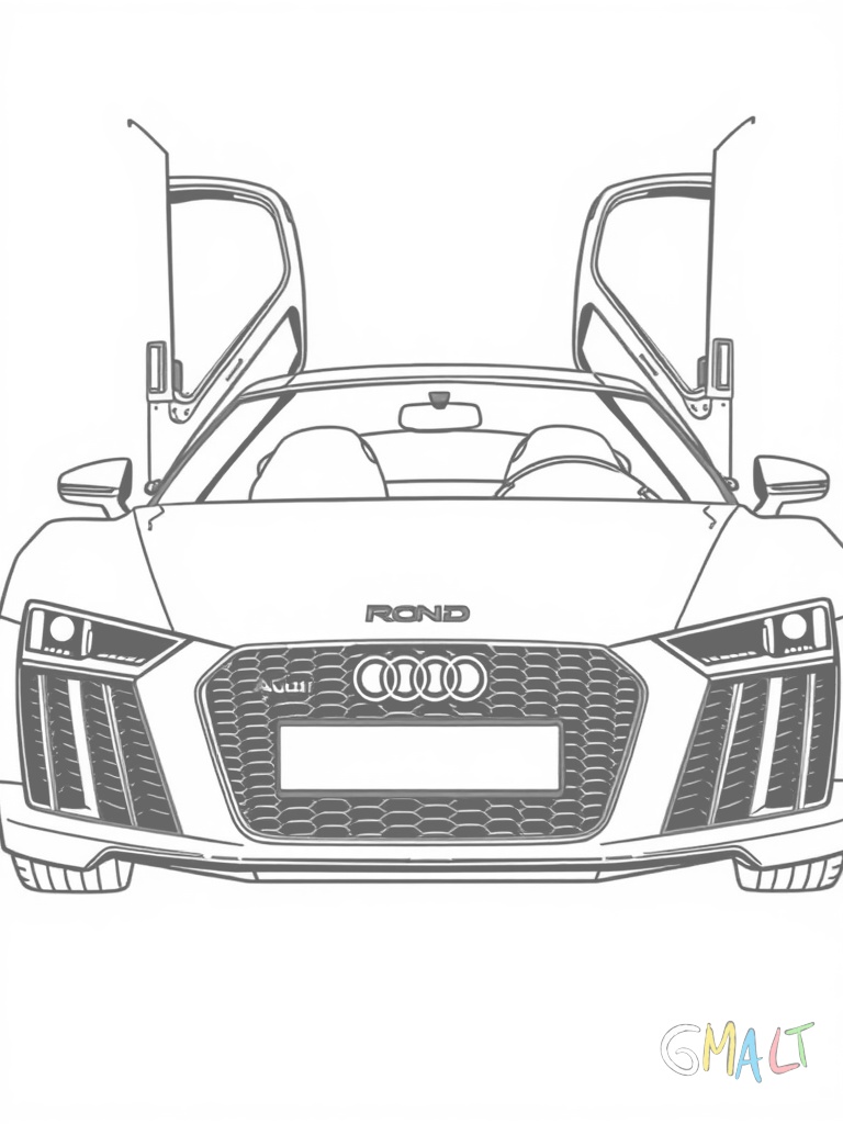 Ein sportlicher Audi R8 von vorne mit geöffneten Flügeltüren. Die LED-Scheinwerfer leuchten und der markante Kühlergrill ist gut sichtbar. Die breiten Reifen und tiefen Felgen betonen die dynamische Form.