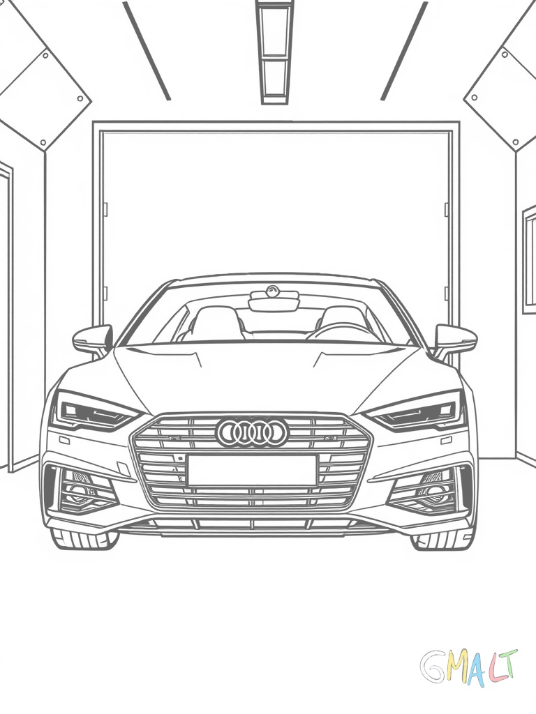 Ein Audi S5 Coupé steht in einer modernen Garage. Die geschwungene Dachlinie und die markanten Seitenschweller sind gut erkennbar. Die vier Auspuffrohre prägen das Heck.