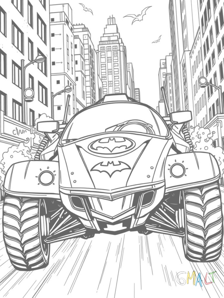Das Batmobil rast durch die Straßen von Gotham City. Die Frontansicht zeigt die breite Motorhaube mit dem Fledermaus-Symbol. Flammen schießen aus dem Auspuff und die Reifen heben leicht vom Boden ab.