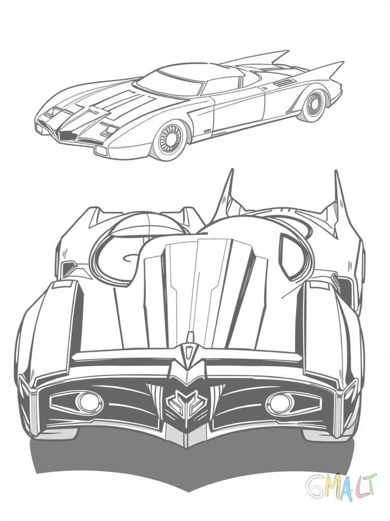Zwei Batmobile stehen sich gegenüber: Links das klassische Modell aus den Comics rechts die moderne Version. Beide Fahrzeuge sind in der Seitenansicht zu sehen und zeigen ihre charakteristischen Merkmale.