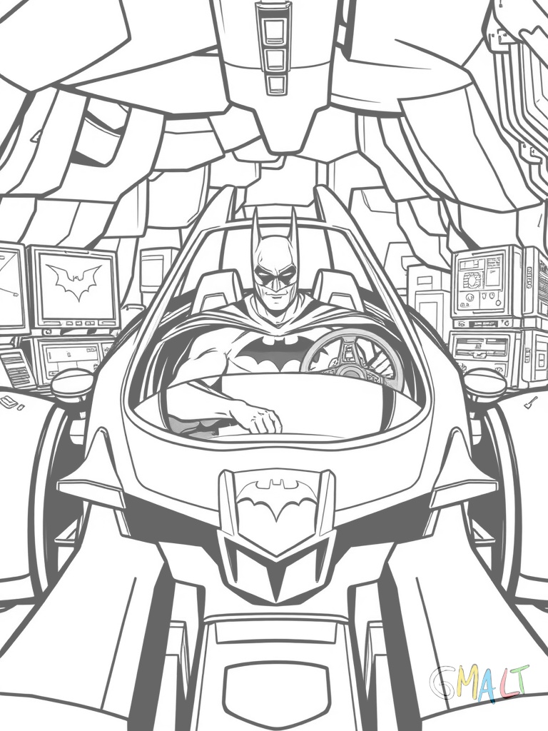 Batman sitzt im offenen Cockpit des geparkten Batmobils und bedient die Kontrollen. Das Fahrzeug steht in der Batcave umgeben von Computern und technischen Geräten.