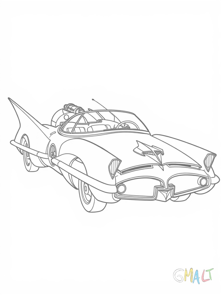 Das klassische Batmobil der 60er Jahre von der Seite gesehen mit den markanten Flügeln am Heck und der spitz zulaufenden Frontpartie. Die Cockpithaube ist geschlossen und die großen Raketenantriebe sind deutlich zu erkennen.