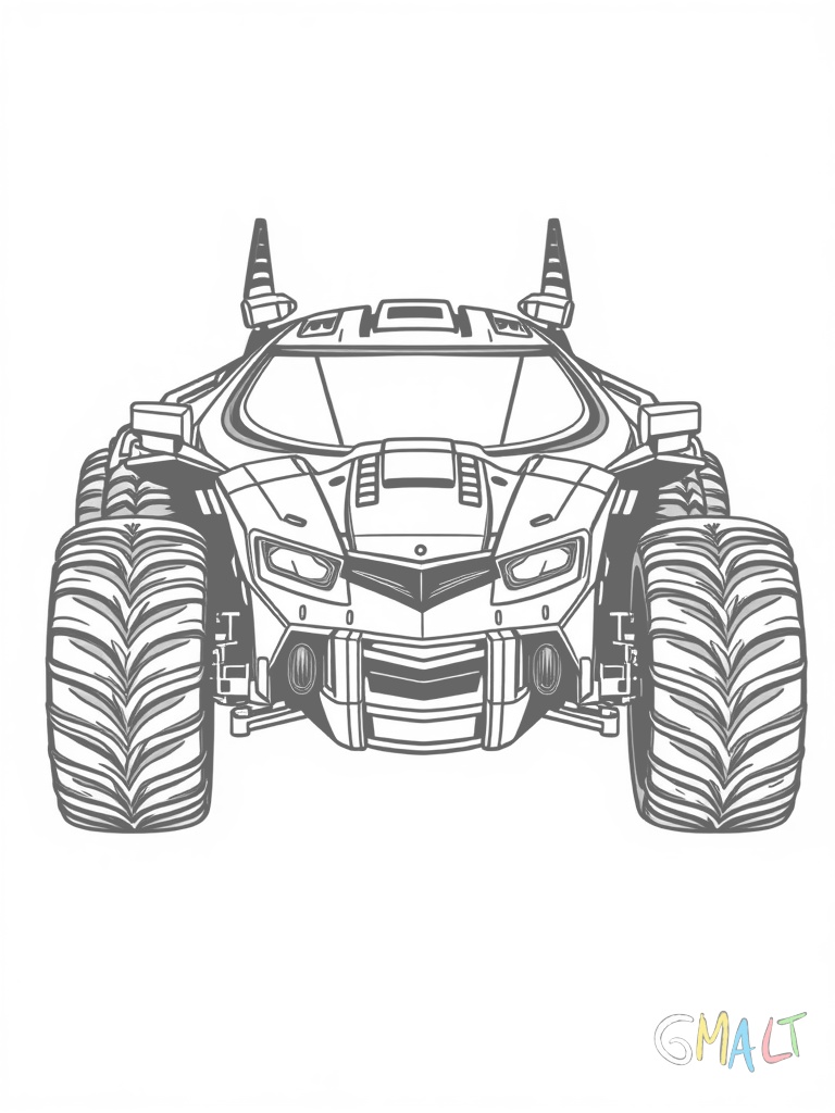 Ein modernes Batmobil als Panzerfahrzeug mit massiven Rädern und schwerer Panzerung. Die Front zeigt aggressive Kanten und der Turm ist leicht nach links gedreht. Die Scheinwerfer leuchten hell.