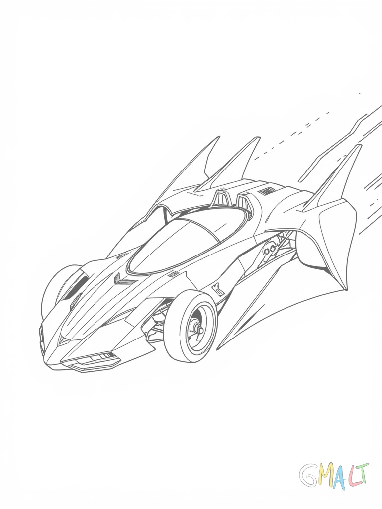 Ein futuristisches Batmobil schwebt über dem Boden. Die aerodynamische Form mit geschwungenen Linien und ausfahrbaren Flügeln ist von der Seite zu sehen. Das Cockpit ist transparent dargestellt.