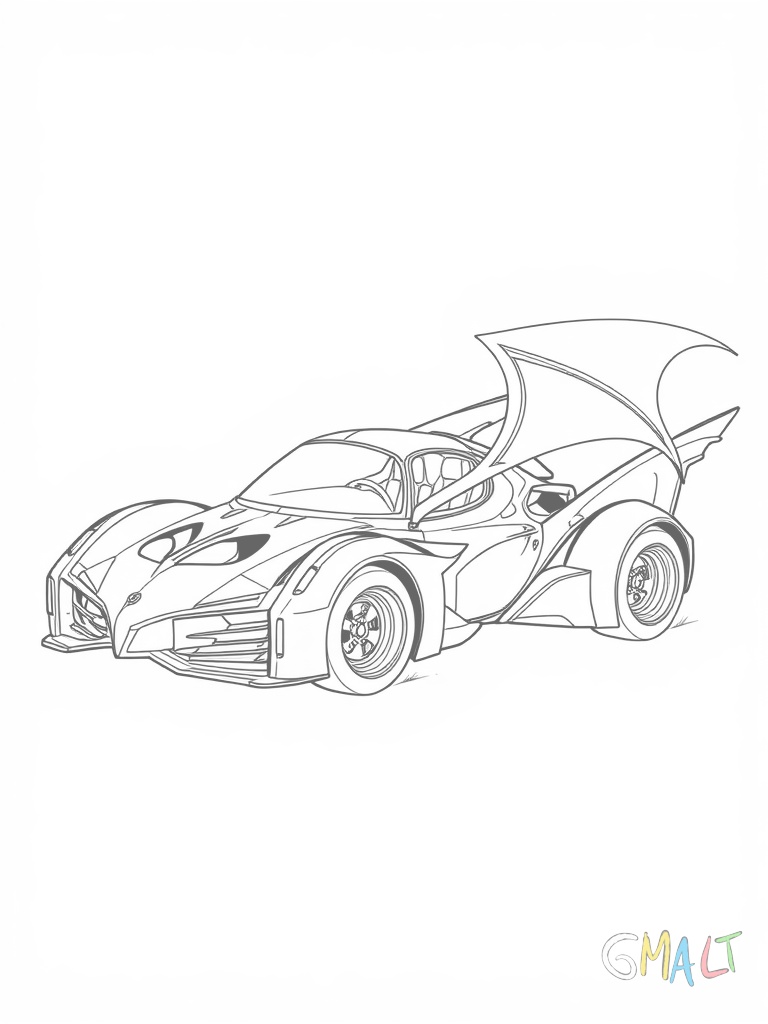 Das Batmobil verwandelt sich gerade: Die Räder klappen sich zu Hovermodus um die Karosserie öffnet sich für Flügel. Die Transformation ist in der Seitenansicht zur Hälfte vollzogen.