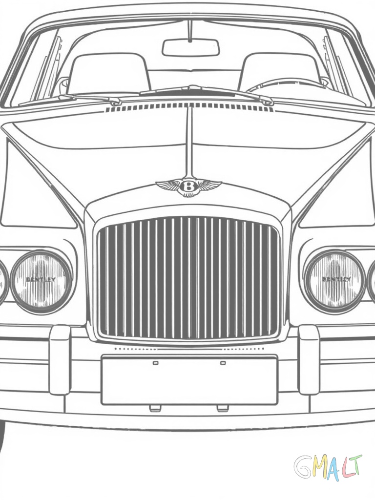 Ein Bentley Brooklands in Frontansicht. Der imposante Kühlergrill mit dem geflügelten B-Logo dominiert die Vorderseite. Die symmetrischen Scheinwerfer und die breite Frontschürze sind gut sichtbar.
