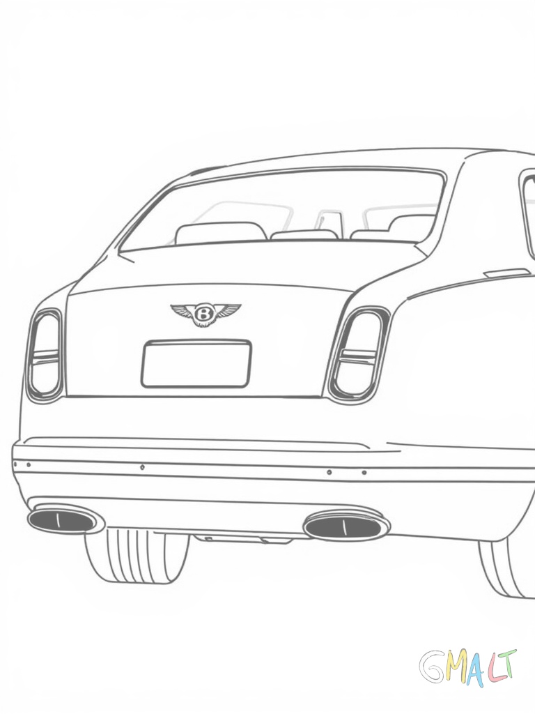 Ein Bentley Mulsanne von schräg hinten fotografiert. Die markanten Rückleuchten und das breite Heck mit den zwei Auspuffrohren sind zu sehen. Der lange Radstand betont die Luxuslimousine.