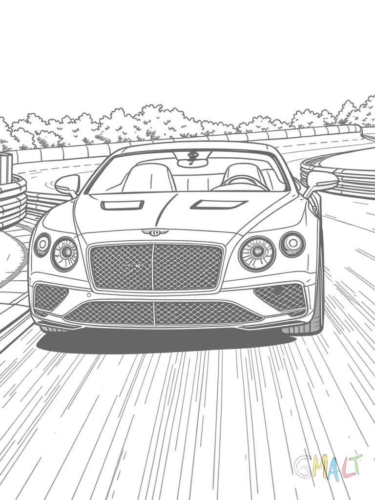 Ein Bentley Continental GT Speed auf einer Rennstrecke. Der Sportwagen ist dynamisch in Bewegung von vorne zu sehen. Der tiefer gelegte Sportwagen zeigt seinen großen Frontsplitter und die Lufteinlässe.