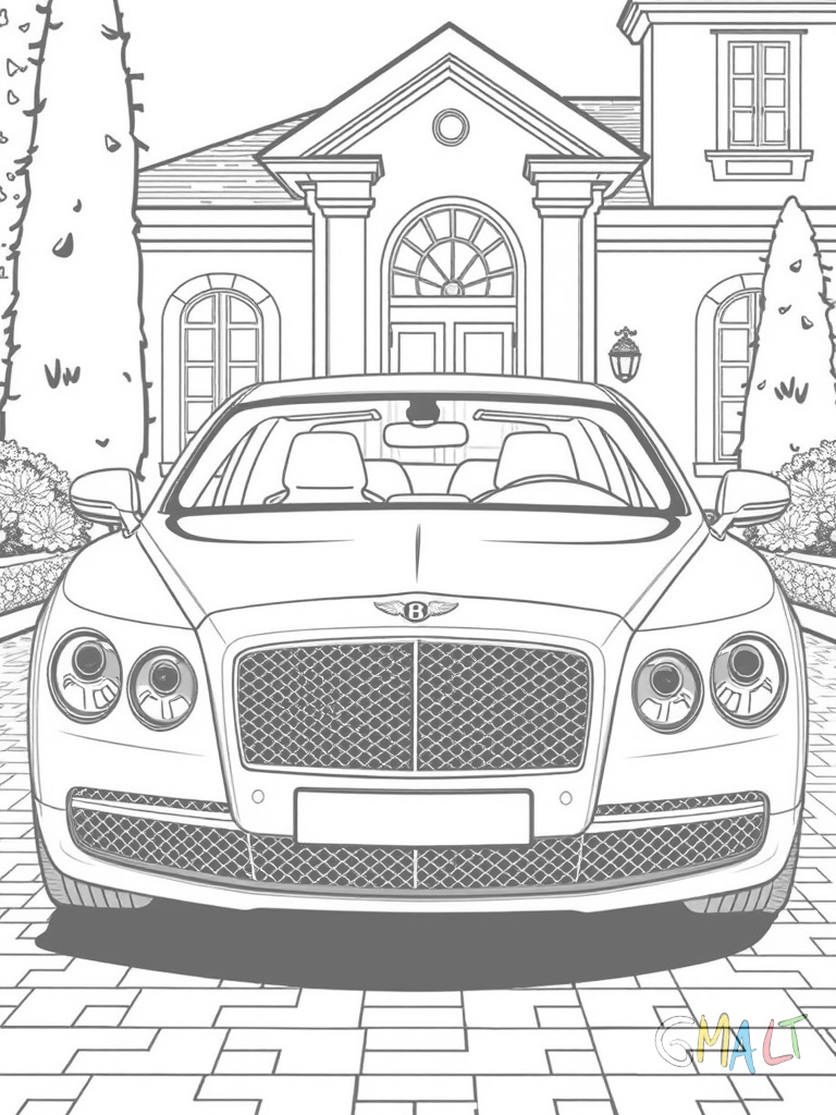 Ein Bentley Flying Spur steht vor einer Villa. Das luxuriöse Fahrzeug ist leicht schräg von vorne zu sehen. Die vier Türen sind geschlossen und die typischen runden Scheinwerfer strahlen.