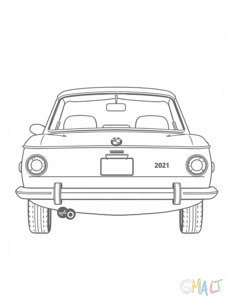 Ein klassischer BMW 2002 von der Seite gesehen. Das Auto steht auf einer einfachen Linie die den Boden darstellt. Die markante Frontpartie mit den runden Scheinwerfern ist gut erkennbar.