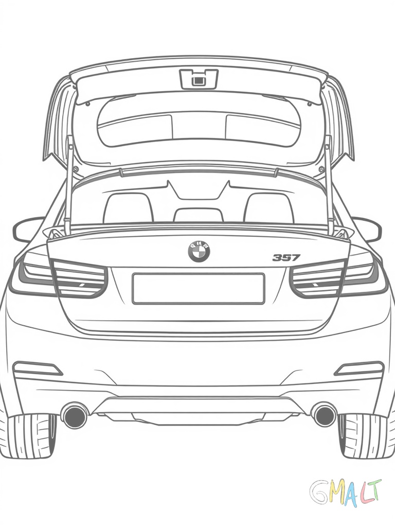 Ein moderner BMW 3er von schräg hinten gesehen. Der Kofferraum ist geöffnet und zeigt den großen Gepäckraum. Die L-förmigen Rückleuchten leuchten.