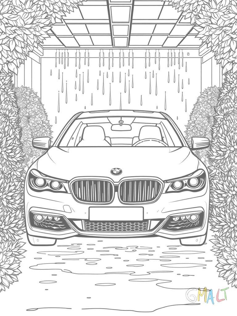 Ein BMW 7er in einer Waschanlage. Die Bürsten umgeben das Auto von allen Seiten. Wassertropfen und Seifenschaum bedecken die elegante Limousine.