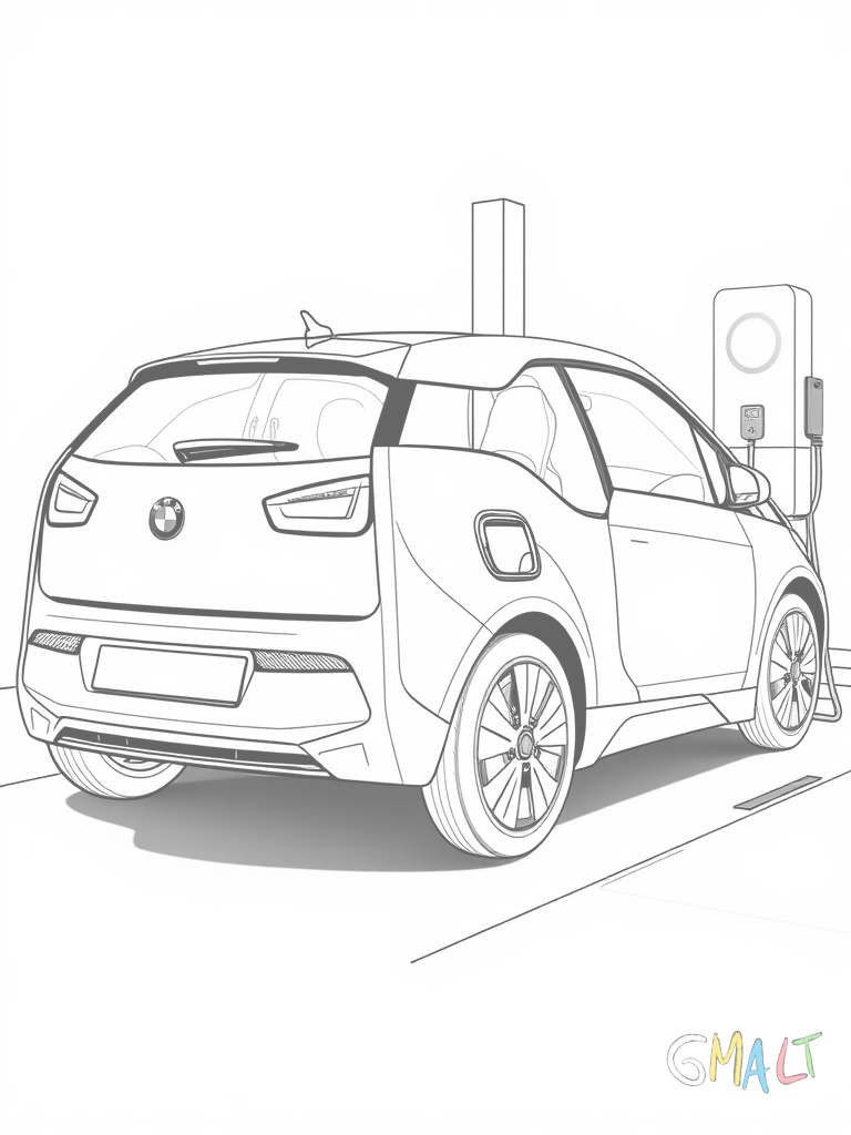 Ein BMW i3 an der Ladesäule. Das Elektroauto ist mit dem Ladekabel verbunden. Über dem Auto leuchtet eine LED-Anzeige die den Ladestand zeigt.