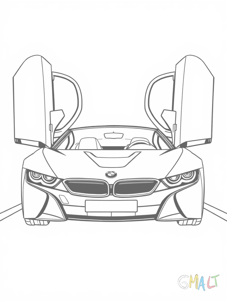 Ein BMW i8 mit geöffneten Flügeltüren steht auf einer Plattform. Die futuristische Form mit den geschwungenen Linien und aerodynamischen Details ist gut sichtbar.