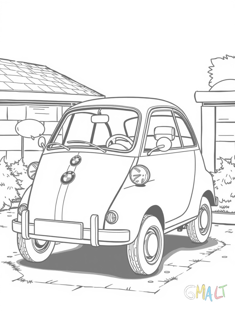 Ein BMW Isetta mit geöffneter Fronttür. Das kleine Rollermobil steht schräg zur Ansicht. Das markante einzelne Frontrad und die runde Form sind gut zu erkennen.