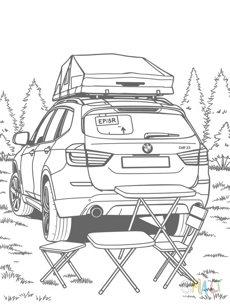 Ein BMW X3 beim Camping. Auf dem Dachgepäckträger ist ein Dachzelt montiert. Neben dem Auto steht ein kleiner Campingtisch mit zwei Stühlen.