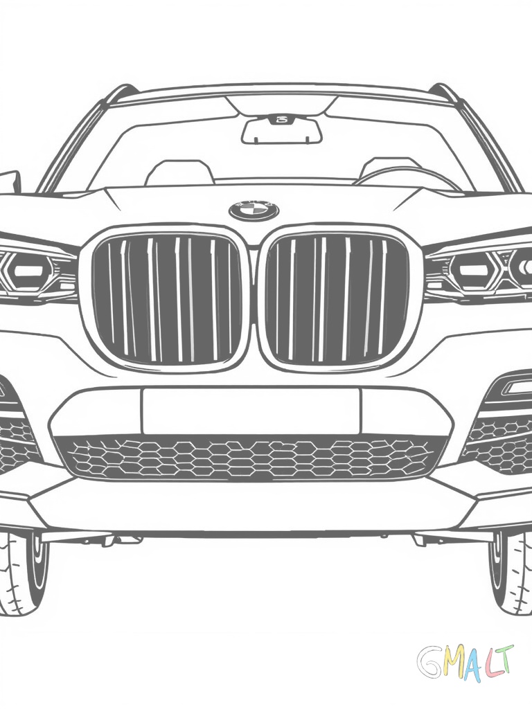 Ein moderner BMW X5 SUV in Frontansicht. Der große Kühlergrill und die schmalen LED-Scheinwerfer sind charakteristisch. Die breiten Räder stehen fest auf dem Boden.