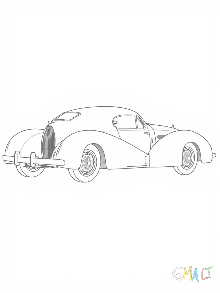 Ein Bugatti Type 57SC Atlantic in der Profilansicht. Die charakteristische Naht auf dem Dach und die runden Fenster sind gut erkennbar.